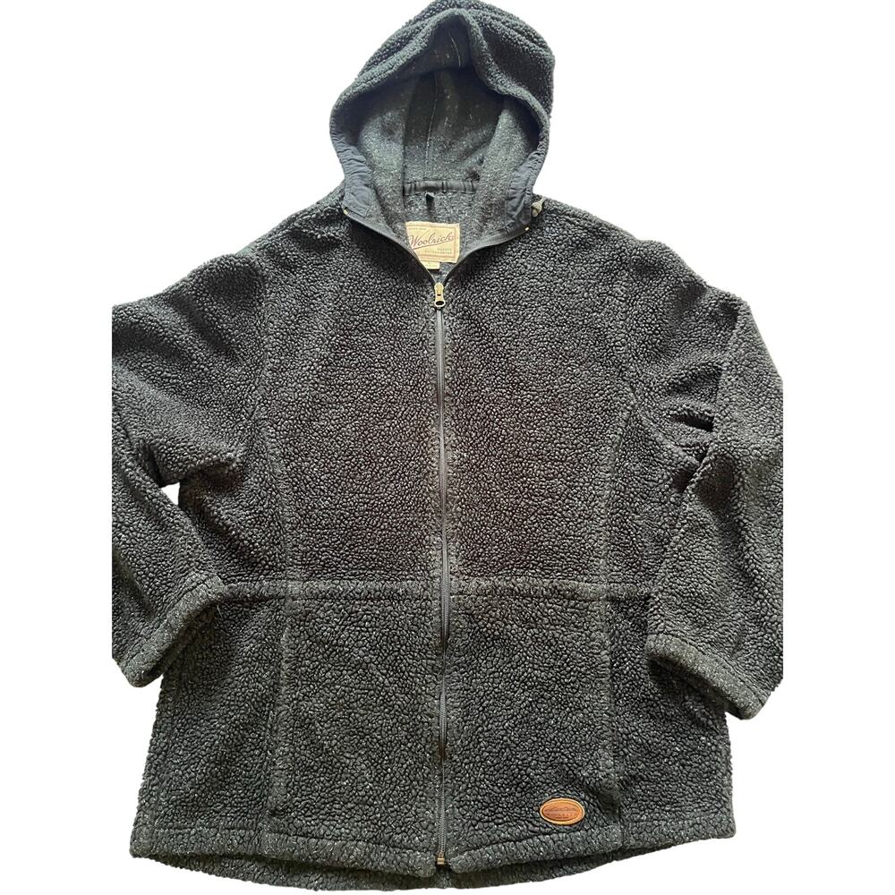 Vintage 80s Woolrich Sherpa Fleece Jacket Made in USA Black Hooded Full Zip Lg